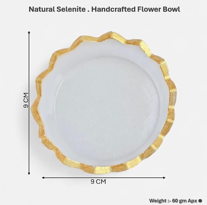 Natural Selenite Charging Bowl in flower shape with Golden Rim (9x9 cm, 60g) | Lab Certified White Selenite Crystal Charging Bowl for Cleansing, Protection & Energy Healing | Spiritual Decor for Home & Office