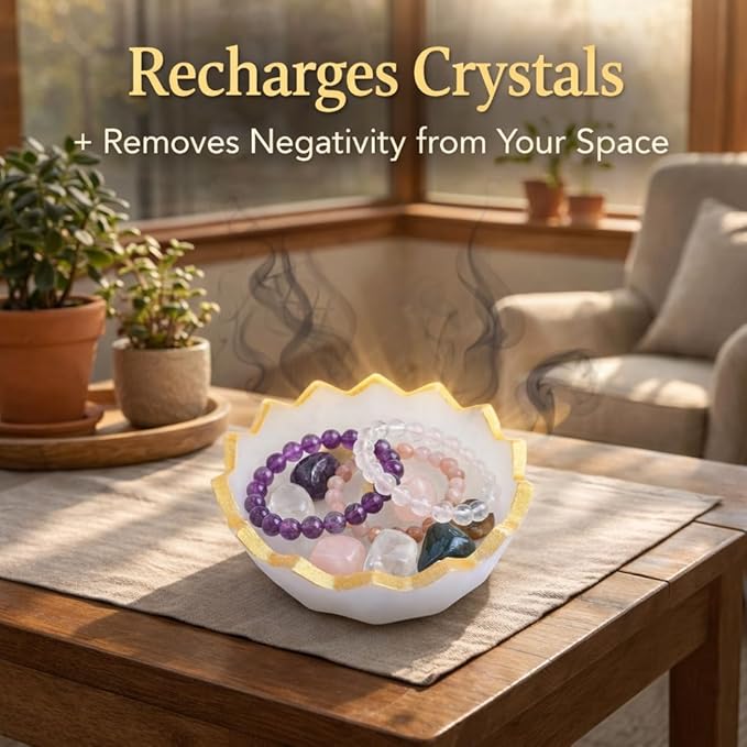 Natural Selenite Charging Bowl in flower shape with Golden Rim (9x9 cm, 60g) | Lab Certified White Selenite Crystal Charging Bowl for Cleansing, Protection & Energy Healing | Spiritual Decor for Home & Office